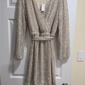 LOFT Sequin Long Sleeve Dress in Cream